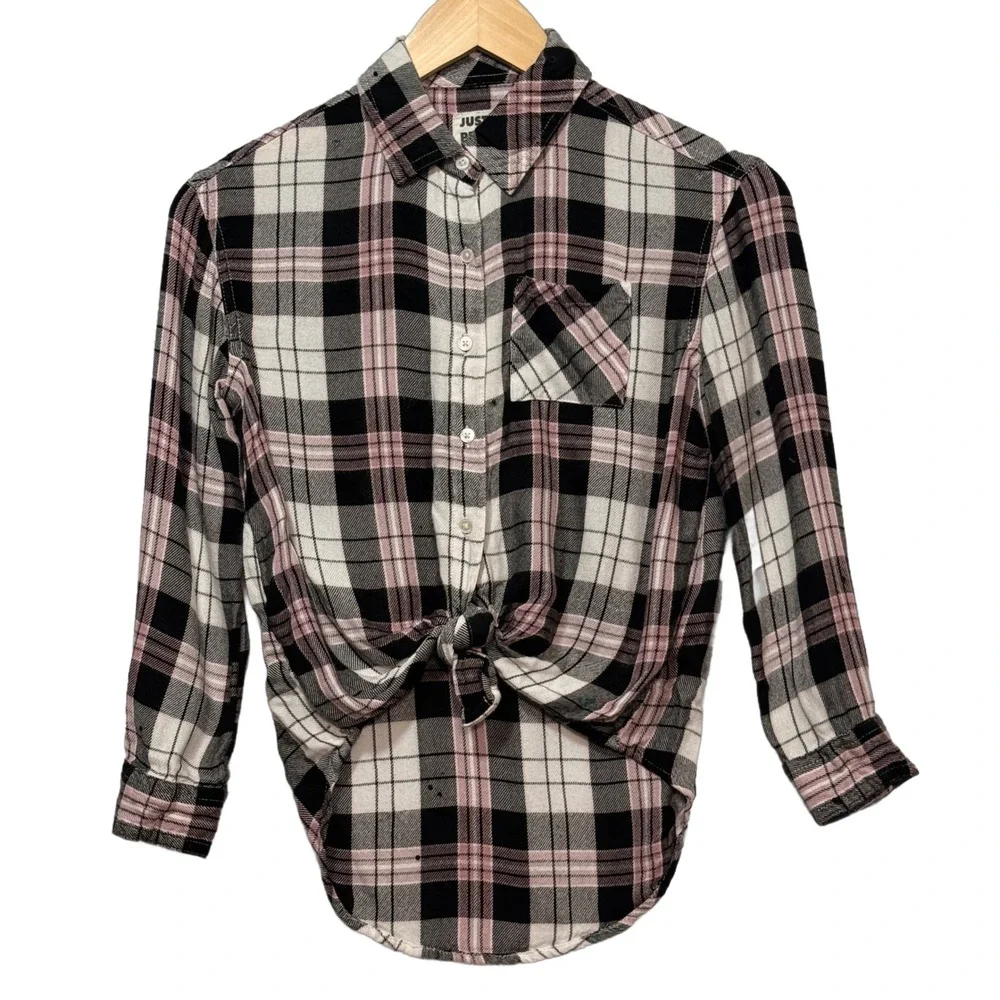 Justice Long Sleeve Pink/White/Black Plaid Button‎ Front Shirt Youth Size 10